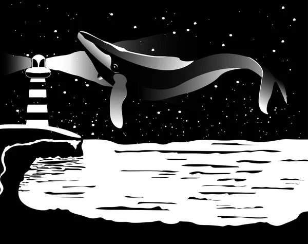 Ballena en el cielo sobre el mar — Vector de stock