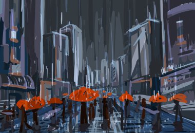 red umbrellas on rainy day