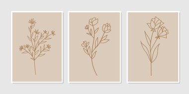 Galeri duvarı, 3 adet basılabilir minimalist baskı seti. Yatak odası, oturma odası ve ofis için duvar resimleri. El çizimi vektör tasarımı ögeleri.