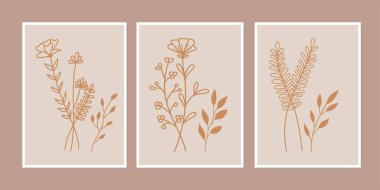 Galeri duvarı, 3 adet basılabilir minimalist baskı seti. Yatak odası, oturma odası ve ofis için duvar resimleri. El çizimi vektör tasarımı ögeleri.