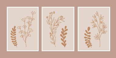 Galeri duvarı, 3 adet basılabilir minimalist baskı seti. Yatak odası, oturma odası ve ofis için duvar resimleri. El çizimi vektör tasarımı ögeleri.