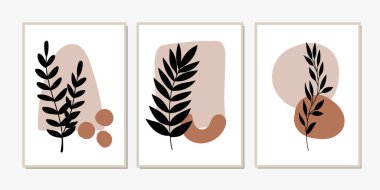 Galeri duvarı, 3 adet basılabilir minimalist baskı seti. Yatak odası, oturma odası ve ofis için duvar resimleri. El çizimi vektör tasarımı ögeleri.