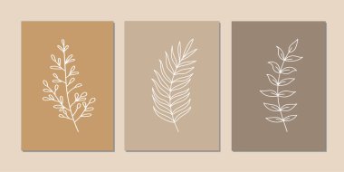 Galeri duvarı, 3 adet basılabilir minimalist baskı seti. Yatak odası, oturma odası ve ofis için duvar resimleri. El çizimi vektör tasarımı ögeleri.