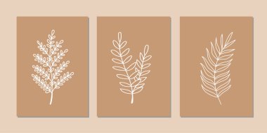 Galeri duvarı, 3 adet basılabilir minimalist baskı seti. Yatak odası, oturma odası ve ofis için duvar resimleri. El çizimi vektör tasarımı ögeleri.