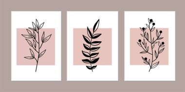 Galeri duvarı, 3 adet basılabilir minimalist baskı seti. Yatak odası, oturma odası ve ofis için duvar resimleri. El çizimi vektör tasarımı ögeleri.
