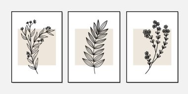 Galeri duvarı, 3 adet basılabilir minimalist baskı seti. Yatak odası, oturma odası ve ofis için duvar resimleri. El çizimi vektör tasarımı ögeleri.