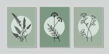 Galeri duvarı, 3 adet basılabilir minimalist baskı seti. Yatak odası, oturma odası ve ofis için duvar resimleri. El çizimi vektör tasarımı ögeleri.