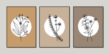 Galeri duvarı, 3 adet basılabilir minimalist baskı seti. Yatak odası, oturma odası ve ofis için duvar resimleri. El çizimi vektör tasarımı ögeleri.