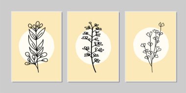 Galeri duvarı, 3 adet basılabilir minimalist baskı seti. Yatak odası, oturma odası ve ofis için duvar resimleri. El çizimi vektör tasarımı ögeleri.