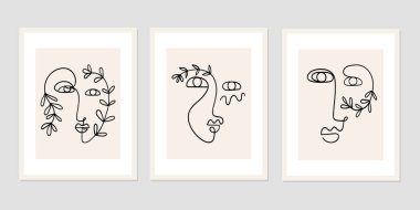 Bir çizgi soyut yüzler çiziyor. Modern sürekli çizgi sanatı. Vektör EPS10.