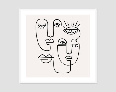 Bir çizgi soyut yüzler çiziyor. Modern sürekli çizgi sanatı. Vektör EPS10.