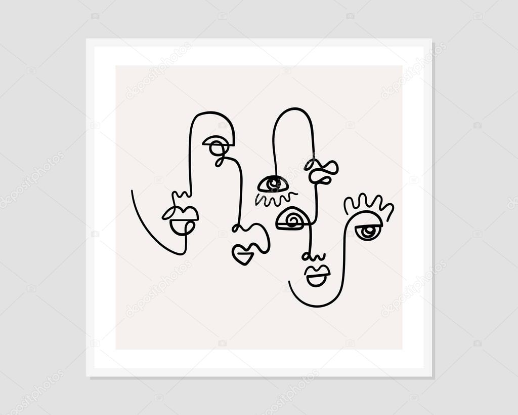 One line drawing abstract faces. Modern continuous line art. Vector EPS10.