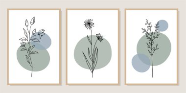 Galeri duvarı, 3 adet basılabilir minimalist baskı seti. Yatak odası, oturma odası ve ofis dekorasyonu için duvar resimleri. El çizimi vektör tasarımı elemanları. Vektör EPS10.