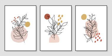 Galeri duvarı, 3 adet basılabilir minimalist baskı seti. Yatak odası, oturma odası ve ofis dekorasyonu için duvar resimleri. El çizimi vektör tasarımı elemanları. Vektör EPS10.