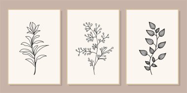 Galeri duvarı, 3 adet basılabilir minimalist baskı seti. Yatak odası, oturma odası ve ofis dekorasyonu için duvar resimleri. El çizimi vektör tasarımı elemanları. Vektör EPS10.