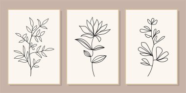 Galeri duvarı, 3 adet basılabilir minimalist baskı seti. Yatak odası, oturma odası ve ofis dekorasyonu için duvar resimleri. El çizimi vektör tasarımı elemanları. Vektör EPS10.