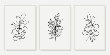 Galeri duvarı, 3 adet basılabilir minimalist baskı seti. Yatak odası, oturma odası ve ofis dekorasyonu için duvar resimleri. El çizimi vektör tasarımı elemanları. Vektör EPS10.