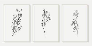 Galeri duvarı, 3 adet basılabilir minimalist baskı seti. Yatak odası, oturma odası ve ofis dekorasyonu için duvar resimleri. El çizimi vektör tasarımı elemanları. Vektör EPS10.