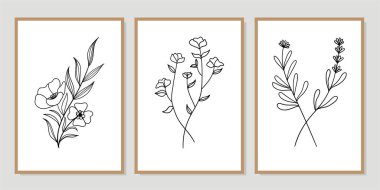 Galeri duvarı, 3 adet basılabilir minimalist baskı seti. Yatak odası, oturma odası ve ofis dekorasyonu için duvar resimleri. El çizimi vektör tasarımı elemanları. Vektör EPS10.