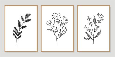 Galeri duvarı, 3 adet basılabilir minimalist baskı seti. Yatak odası, oturma odası ve ofis dekorasyonu için duvar resimleri. El çizimi vektör tasarımı elemanları. Vektör EPS10.