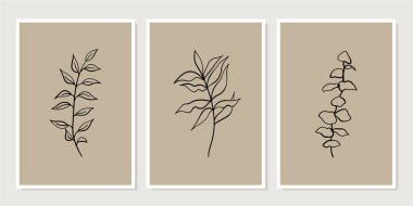 Galeri duvarı, 3 adet basılabilir minimalist baskı seti. Yatak odası, oturma odası ve ofis dekorasyonu için duvar resimleri. El çizimi vektör tasarımı elemanları. Vektör EPS10.