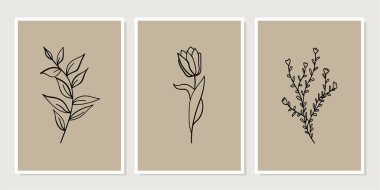 Galeri duvarı, 3 adet basılabilir minimalist baskı seti. Yatak odası, oturma odası ve ofis dekorasyonu için duvar resimleri. El çizimi vektör tasarımı elemanları. Vektör EPS10.