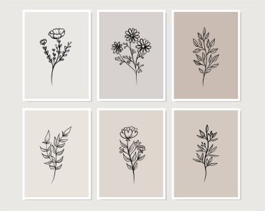 Duvar dekorasyonu, kartpostal ya da broşür kapağı tasarımı için yaratıcı minimalist el çizimleri. El çizimi vektör tasarımı elemanları. Vektör EPS10.