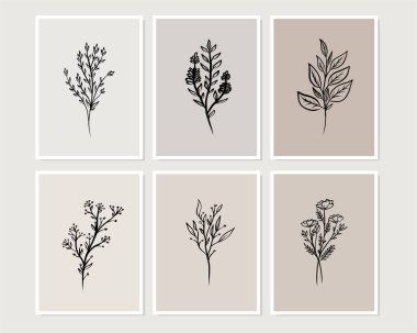 Duvar dekorasyonu, kartpostal ya da broşür kapağı tasarımı için yaratıcı minimalist el çizimleri. El çizimi vektör tasarımı elemanları. Vektör EPS10.