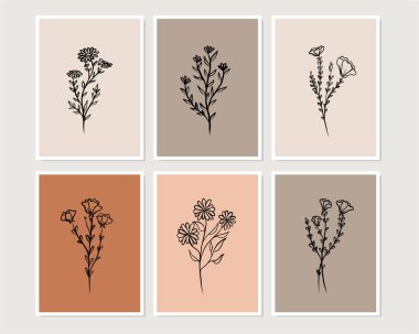 Duvar dekorasyonu, kartpostal ya da broşür kapağı tasarımı için yaratıcı minimalist el çizimleri. El çizimi vektör tasarımı elemanları. Vektör EPS10.