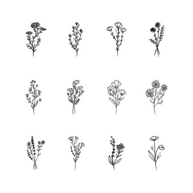 Çiçekli vektör tasarım elementleri. Davetiyeler için dekorasyon malzemeleri, düğün kartları, sevgililer günü, duvar resimleri, tebrik kartları. El çizimi vektör tasarımı elemanları. Vektör EPS10.