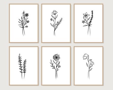 Duvar dekorasyonu, kartpostal ya da broşür kapağı tasarımı için yaratıcı minimalist el çizimleri. El çizimi vektör tasarımı elemanları. Vektör EPS10.