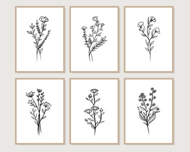 Duvar dekorasyonu, kartpostal ya da broşür kapağı tasarımı için yaratıcı minimalist el çizimleri. El çizimi vektör tasarımı elemanları. Vektör EPS10.