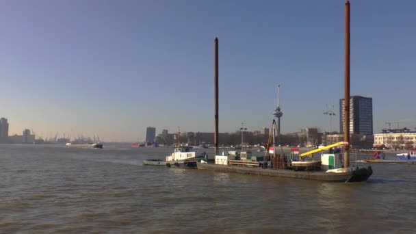 Remorqueur Sur Rivière Nieuwe Maas Rotterdam Avec Euromast Arrière Plan — Video