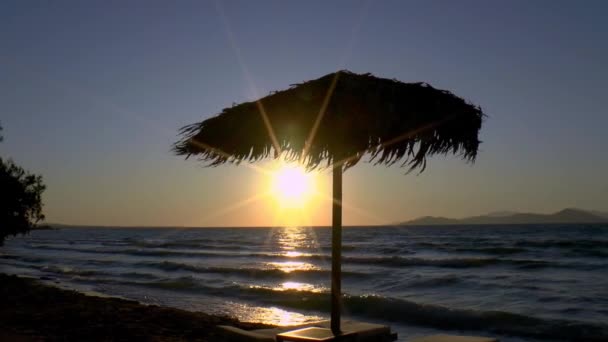 Een Parasol Gemaakt Van Palmbladeren Ligbedden Zonsondergang Het Strand Van — Stockvideo