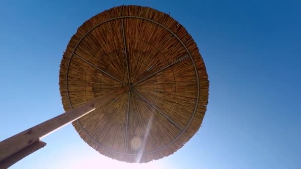 Onderkant Van Een Rieten Parasol Een Zonnige Dag — Stockvideo