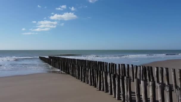 Letecký Záznam Dvojité Dřevěné Vlnolamu Pláži Modré Nebe Moře Žádné — Stock video