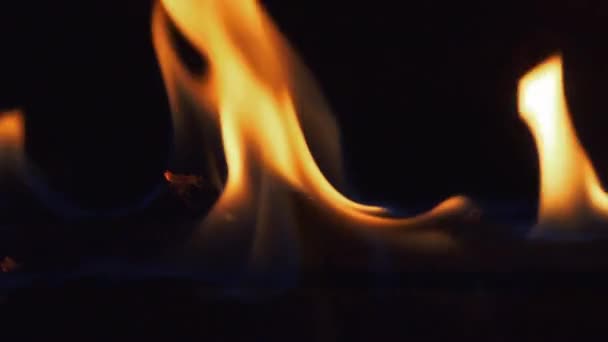 Close Burning Log Fireplace Slow Motion Black Background — Stock Video