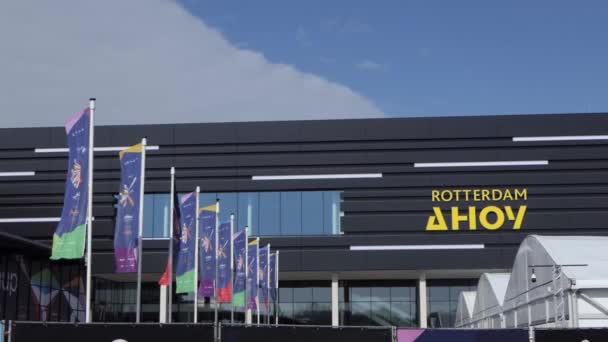 2021 Eurovíziós Dalverseny Zászlói Ahoy Előtt Rotterdamban Lassú Mozgás Fps — Stock videók