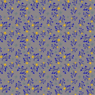 Mavi çiçek çalıları ve kelebeklerle gri desen