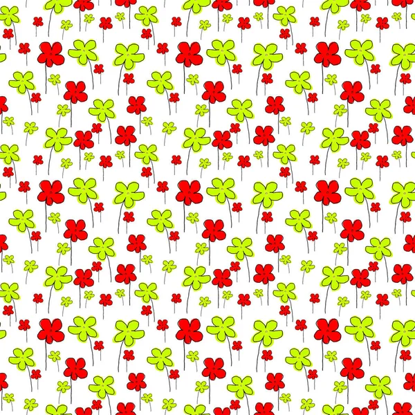 Nahtlose Mustergestaltung Farbige Rote Und Grüne Blumen Auf Weißem Hintergrund — Stockfoto