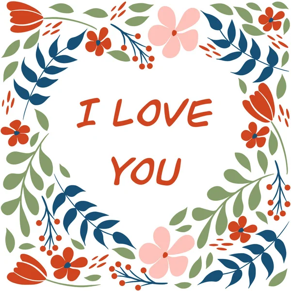 Romantikus Üdvözlőlap Szívvel Virággal Virágokkal Levelekkel Betűkkel Valentin Napra Tervezés — Stock Vector