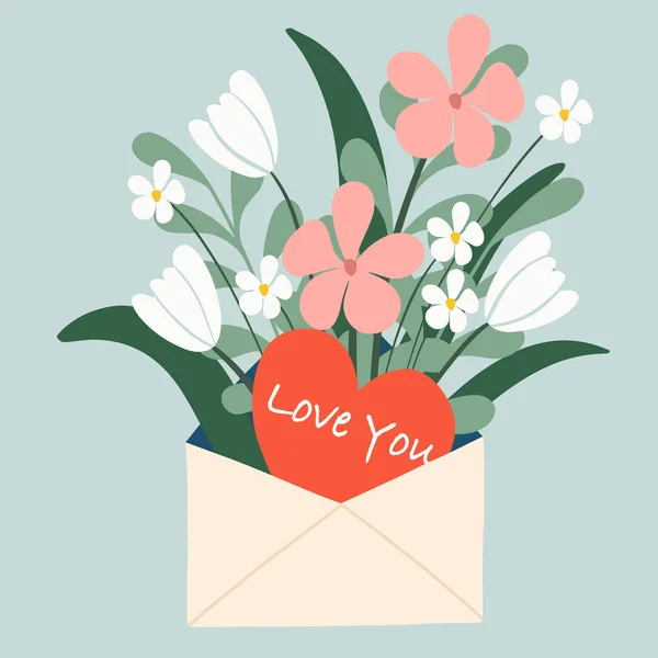 Valentine Greeting Envelope Floral Flowers Leaves Card Isolated Background Design — Stock Vector