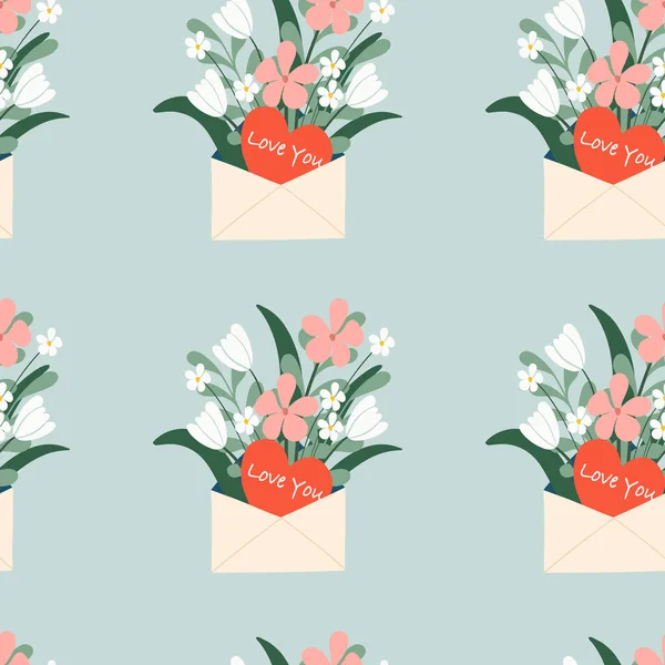 Seamless Pattern Valentine Greeting Envelope Floral Flowers Leaves Lettering Isolated — Stockvector