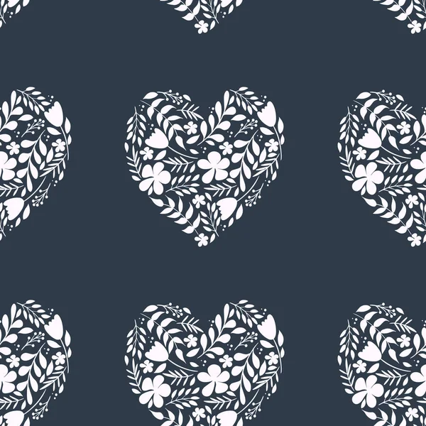 Seamless Pattern Floral Heart Flowers Leaves Isolated Black Background Design — Stockvector