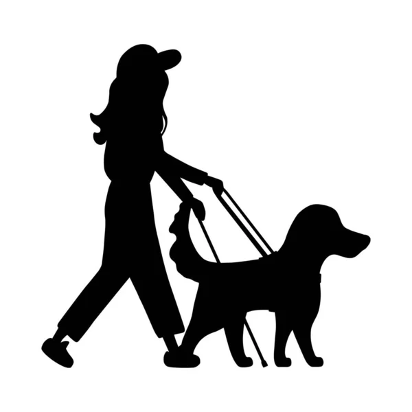 Silhouette Blind Woman Stick Walks Guide Dog Leads Retriever Human — Stock Vector