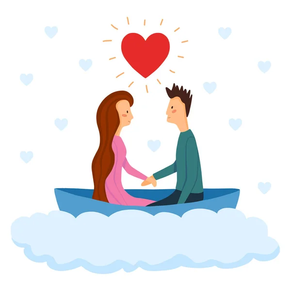 Romantic Card Lover Couple Woman Man Holding Hand Boat Cloud — Stock Vector