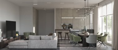 Minimalizm modern iç tasarım. Stüdyo yaşam, mutfak ve yemek odası. 3D görüntüleme. 3d illüstrasyon.