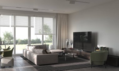 Minimalizm modern iç tasarım. Kanepesi, koltuğu, halısı ve televizyon sahası olan stüdyo odası. 3D görüntüleme. 3d illüstrasyon.
