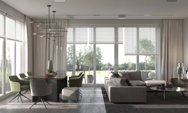 Minimalizm modern iç tasarım. Stüdyo yaşam, mutfak ve yemek odası. 3D görüntüleme. 3d illüstrasyon.
