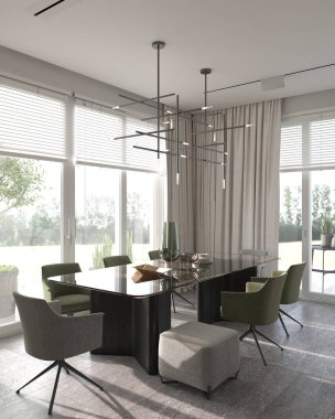 Minimalizm modern iç tasarım. Lüks masası ve yeşil sandalyeleri olan stüdyo yemek odası. 3D görüntüleme. 3d illüstrasyon.